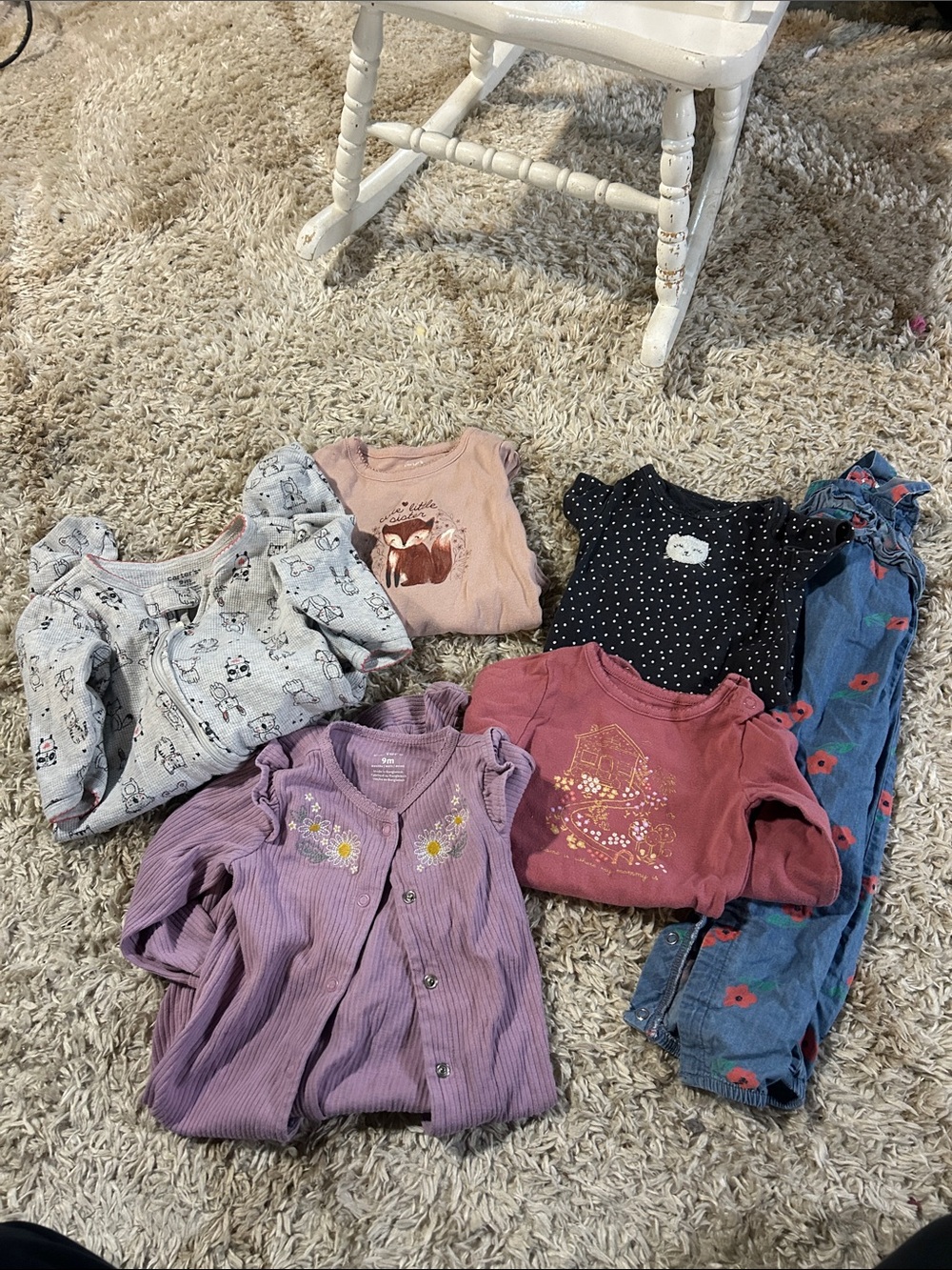 Used carters baby 9 month clothing, shirts that snap, jumper, one piece sleepers